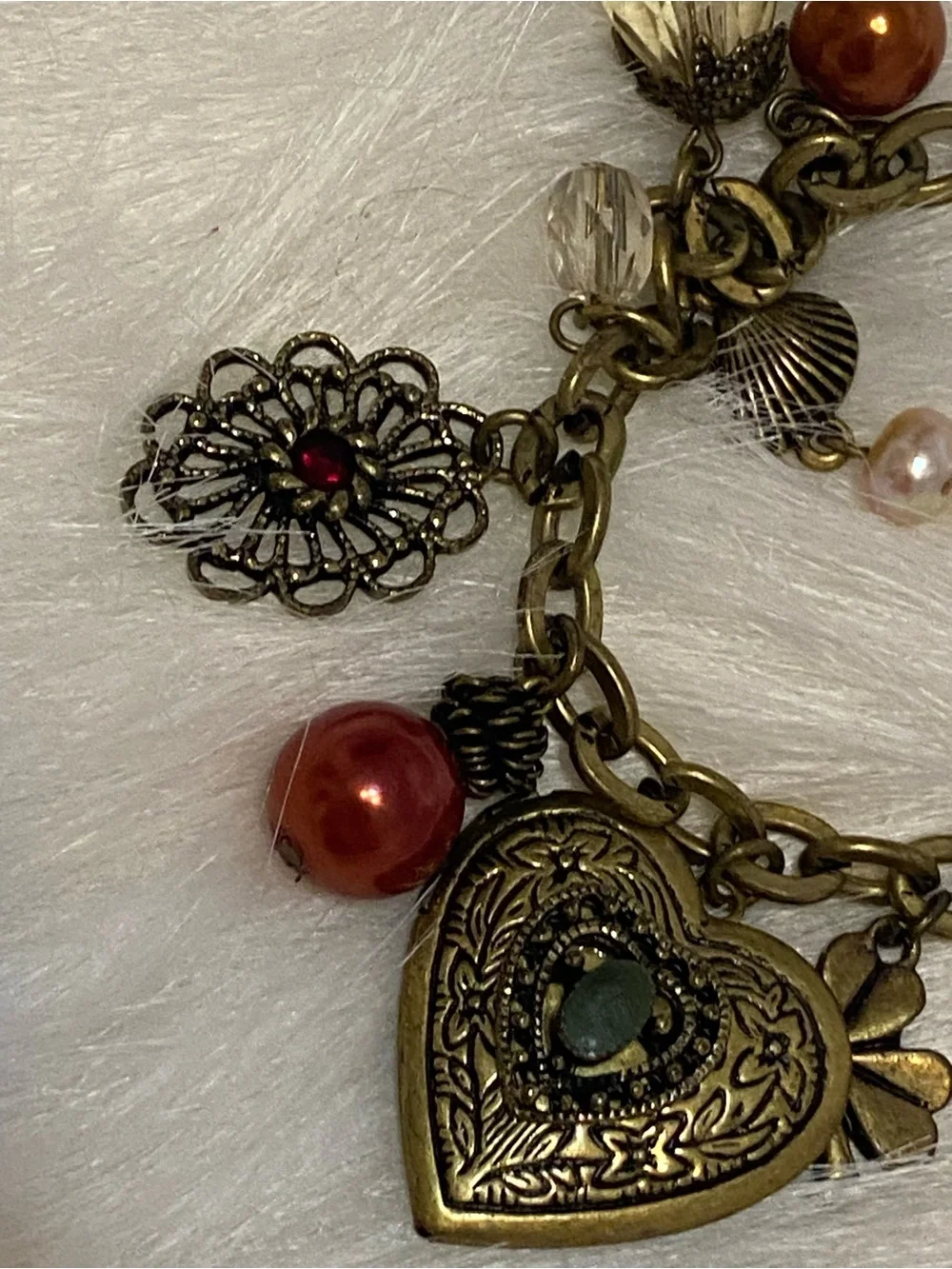 Victorian Revival Brass Functioning Heart Locket Floral Filigree Charm Bracelet
